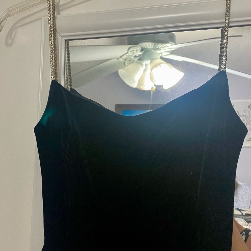 Elegant Black Velvet Dress with Chain Straps